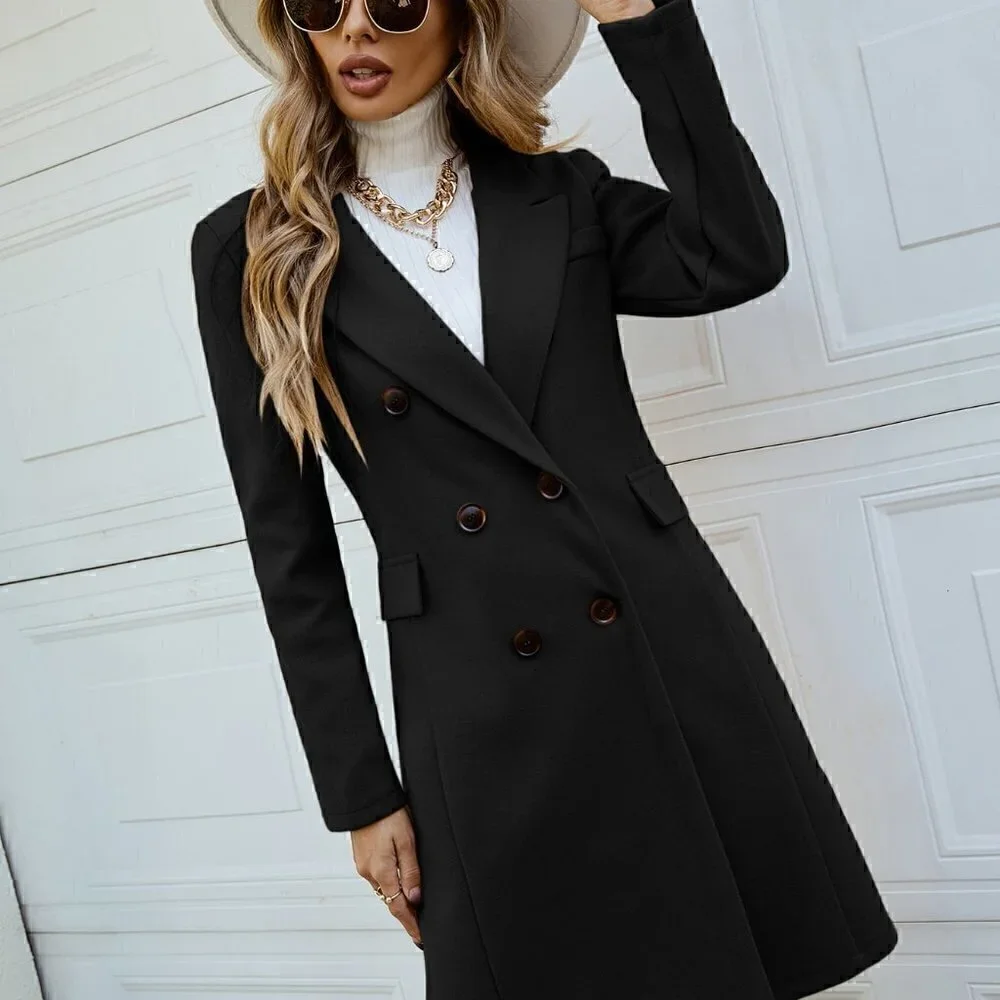 Black Preppy Womens Lapel Collar Double Breasted Overcoat